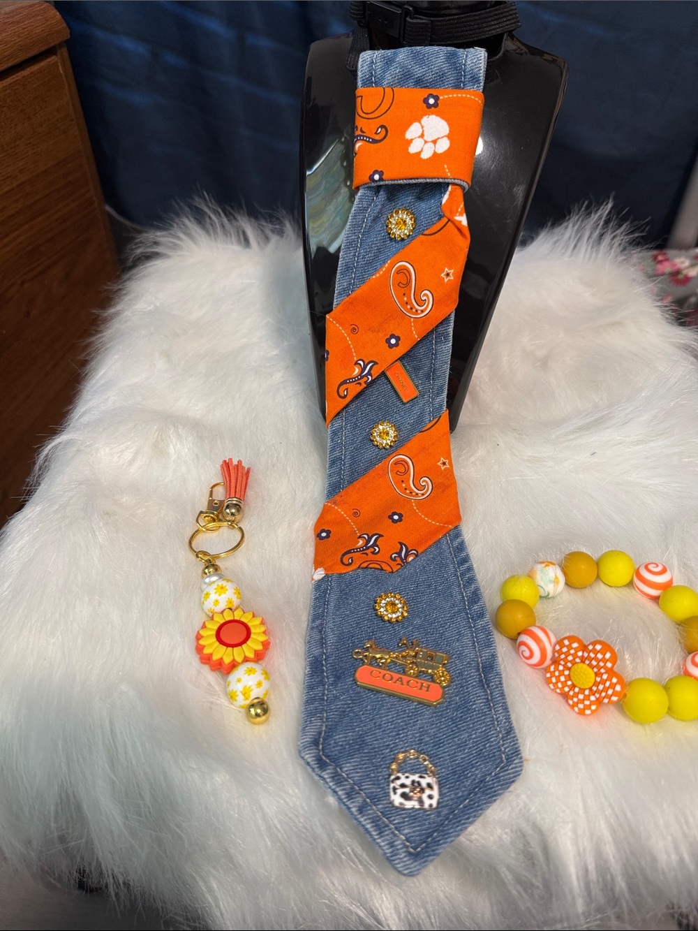 COACH Denim Tie with Orange Paisley Stripe Accents Junk tie